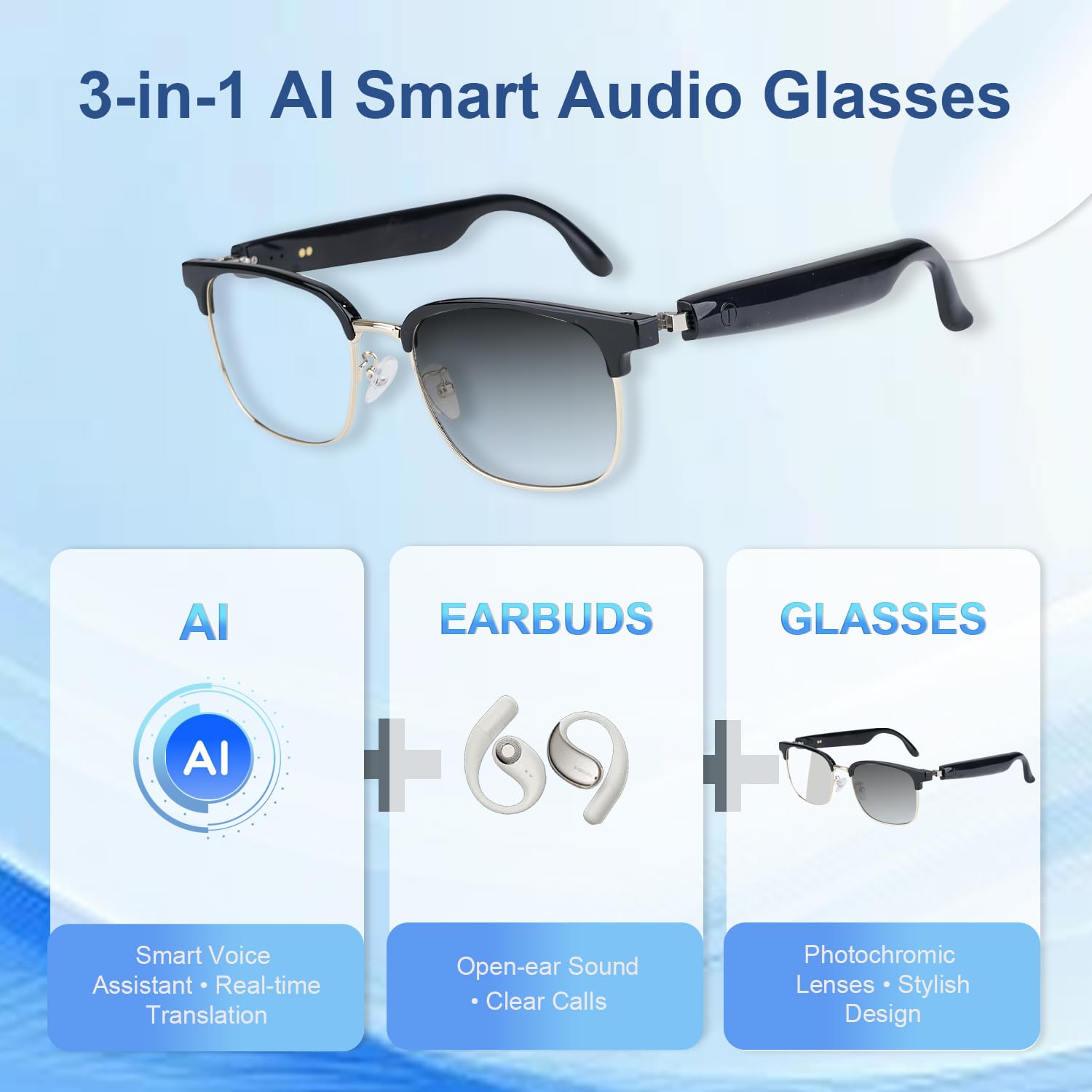 Lunettes Intelligentes IA avec Audio Bluetooth à Verres photochromiques - Traduction, Musique, Appels, Assistant Vocal, Haut-parleurs Open-Ear, Protection UV/Bleue. Unisexe (Doré)