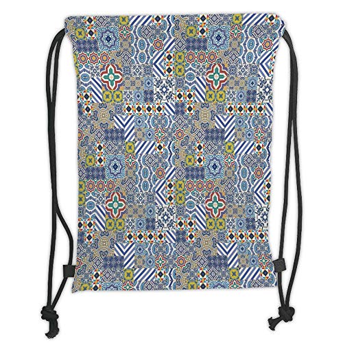 Fevthmii Drawstring Backpacks Bags,Moroccan,Gorgeous Middle Eastern Pattern Azulejo Ceramic Design with Geometric Elements, Soft Satin,5 Liter Capacity,Adjustable String Closure,T