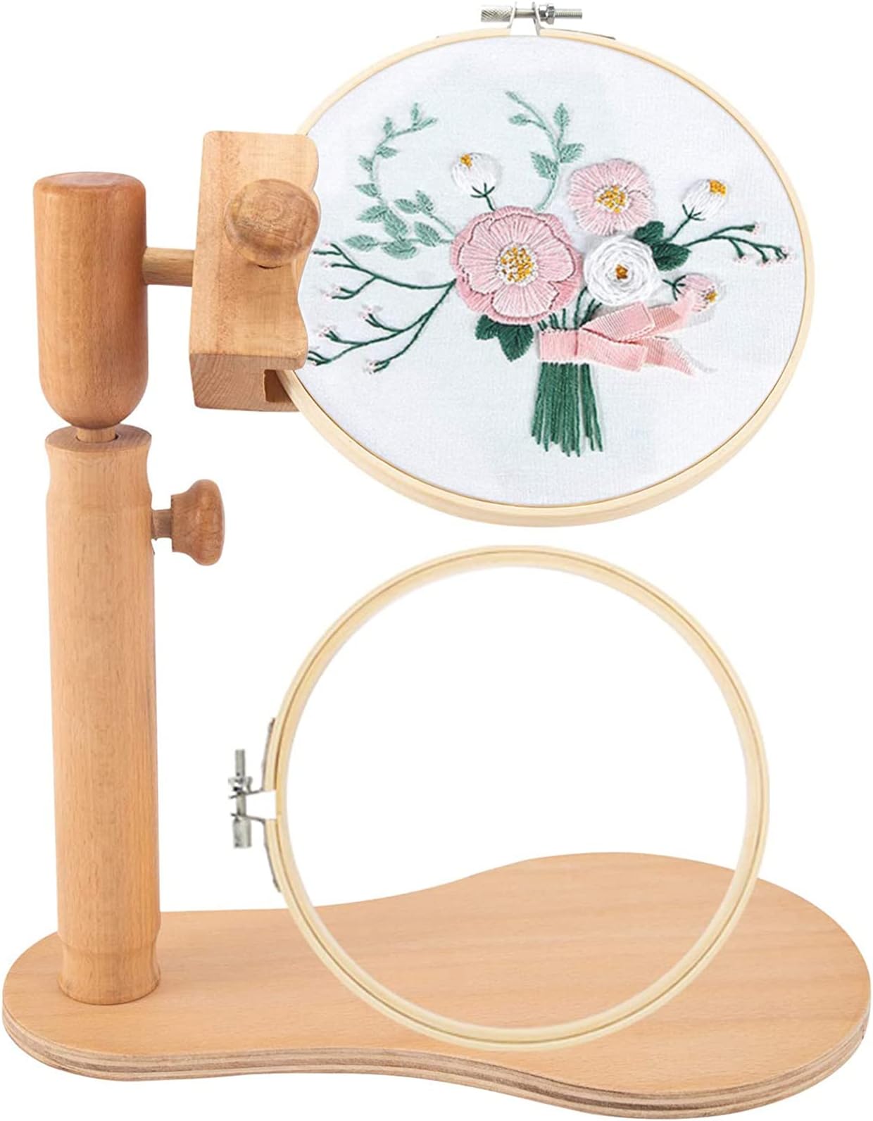 Rotated Adjustable Embroidery Frame Stand with 2 Pcs 6.7'' Embroidery Hoops- Wooden Cross Stitch Hoop Stand Embroidery Hoop Holder for Arts Crafts Sewing Needlework