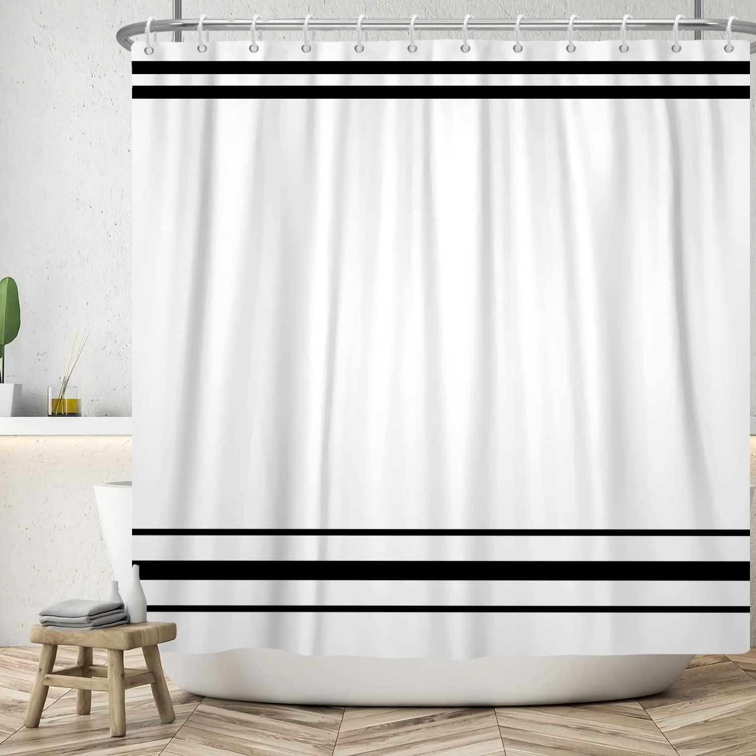 SDOTPMT 105x160cm Black and White Shower Curtain Modern Classic Black Striped Bath Curtain Rustic Farmhouse Minimalism Bathtub Curtain for Bathroom Decor Waterproof with Hooks