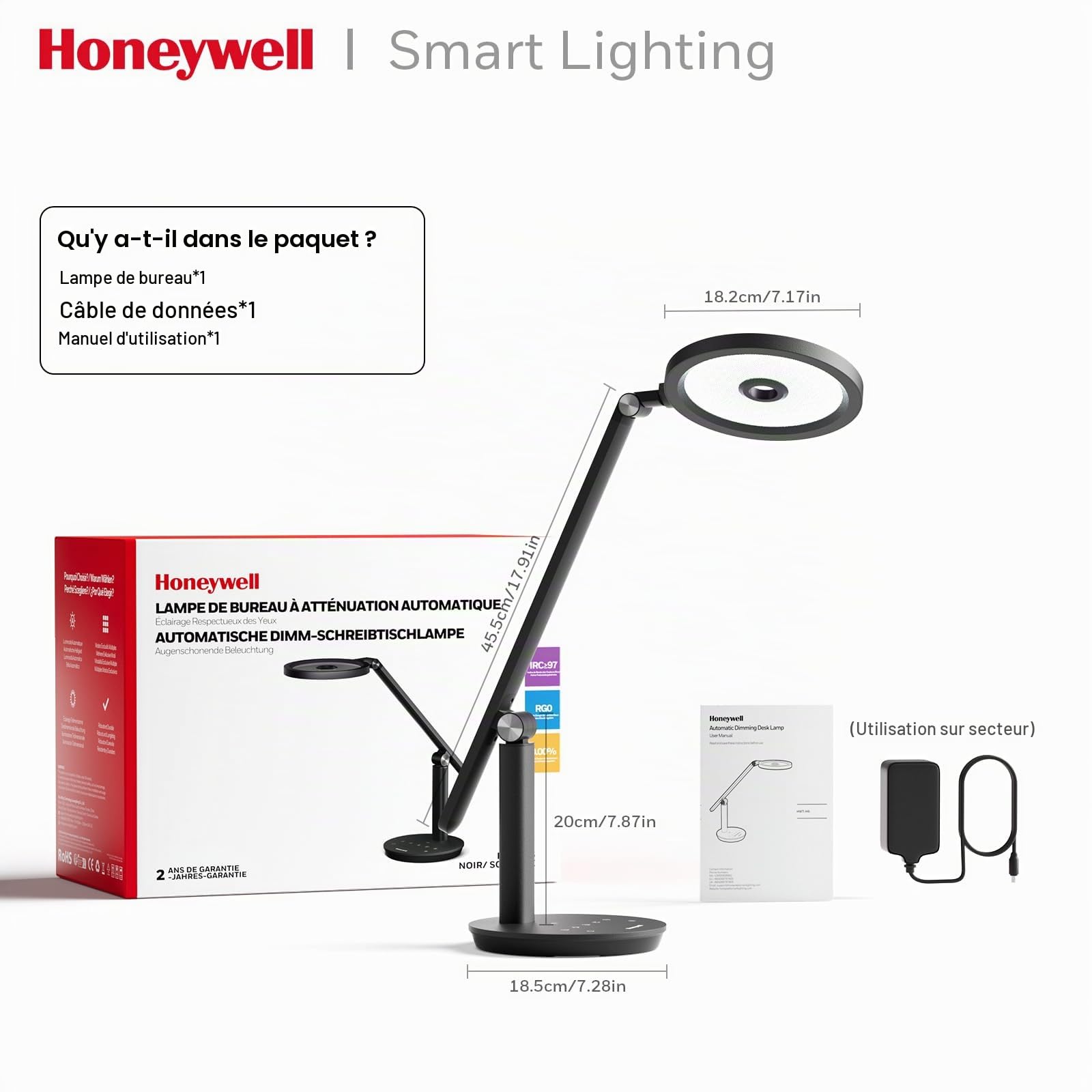 Honeywell H6 Lampe De Bureau LED, Lampe Lecture Variable Pour Bureau, Noir | Sunturalux CRI≥97, RG0 lumière bleue faible, sans scintillement, 800LM variable visioconférence, étude, bureau et chambre