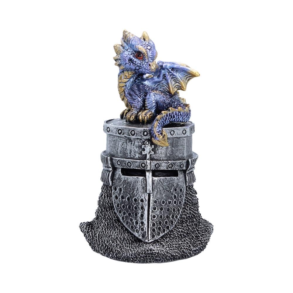 Hatchling Helm Dragon Figurine 13.2cm – Baby Dragon on Knight Helmet Fantasy Ornament (Blue)