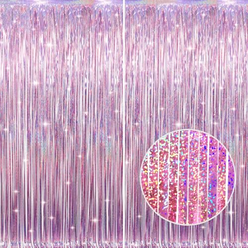 Image of GOER 2 Pack 3.2 ft x 8.2 ft Metallic Tinsel Foil Fringe Curtains Party Photo Backdrop Party Streamers for Birthday,Graduation,New Year Eve Decorations Wedding Decor (Laser Pink)