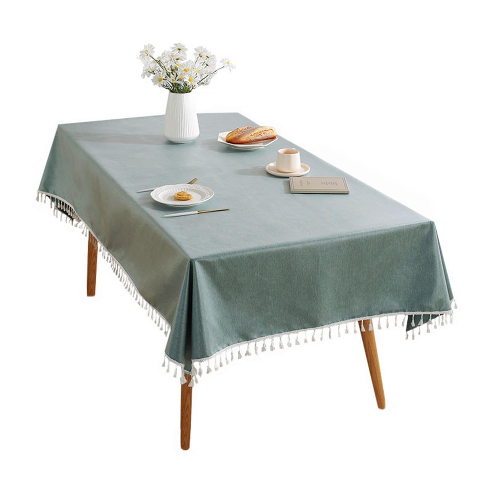 Tablecloth niebiesko-zielony, poliester zmywalny obrus jednokolorowy z frędzlami obrus prostokątny 135 x 220 cm