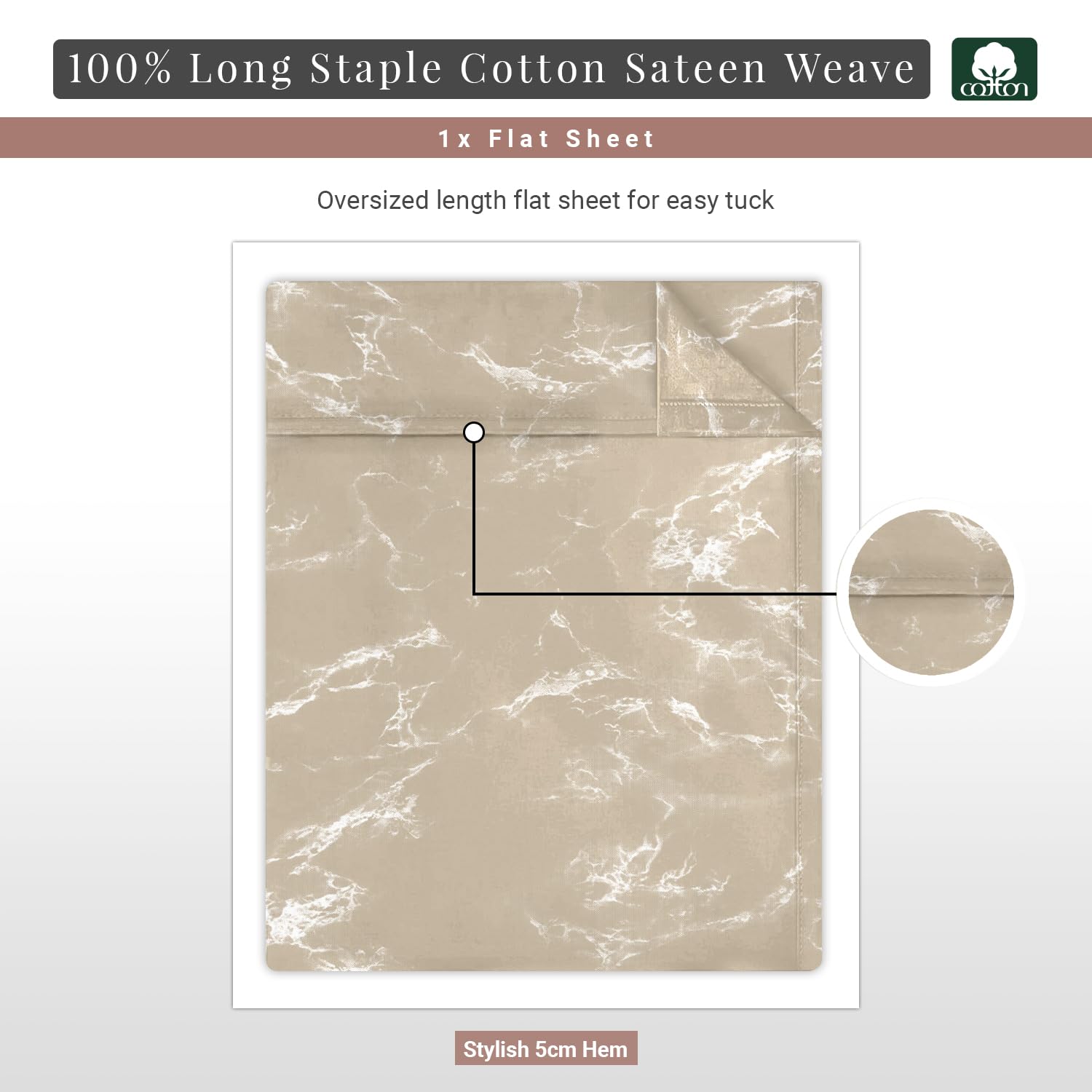 Pizuna Cotton Marble Taupe Print King Size Flat Sheets 1 Pc - Image 3