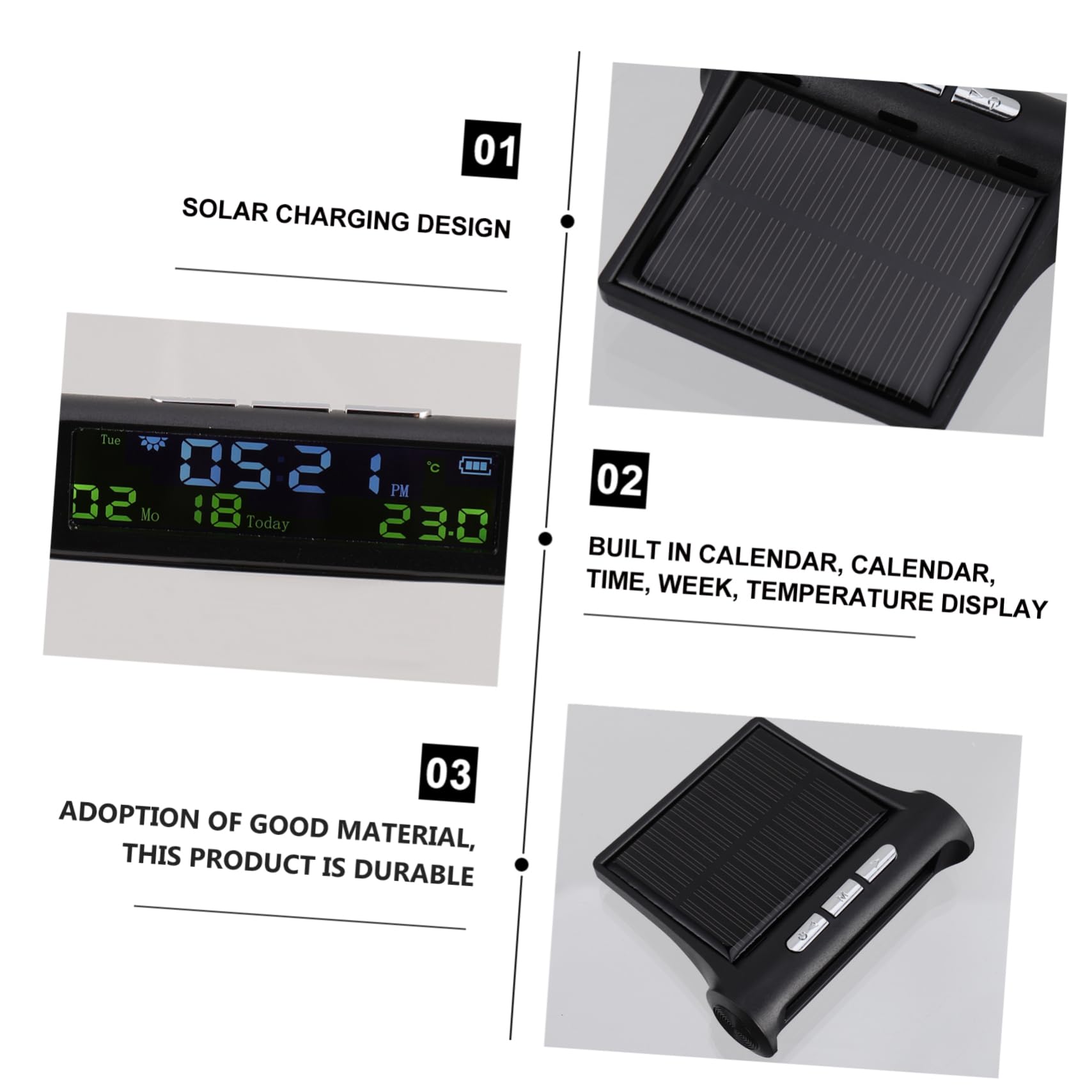 CALLARON 2piezas Reloj Digital Solar Para Automóvil y Calendario Pantalla Función Dispositivo Multifuncional Para Salpicadero Carga Solar Automática Material