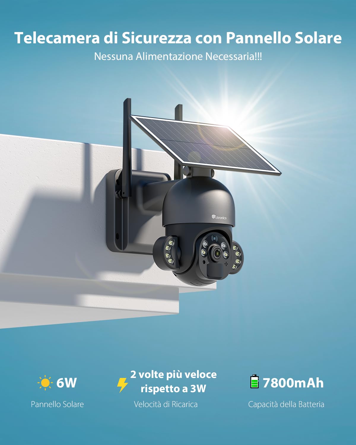 Ctronics Telecamera WiFi Esterno Senza Fili con Pannello Solare da 6W | 3K 5MP HD, Telecamera wifi con Rilevamento PIR & Umano, Visione Notturna a Colori, FTP, Compatibile con PC/Smartphone