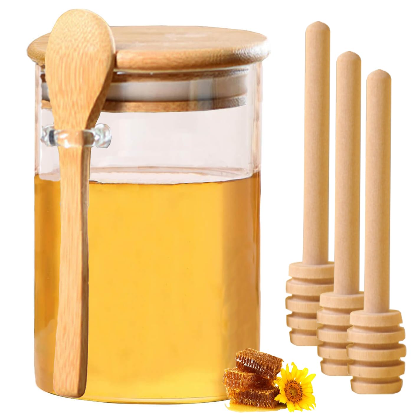 Glass Honey Dispenser No Drip with Dipper and Spoon, 16 Oz Oversize Honey Jar with Lid -Jar Set Honey Pot/Containers with Wooden Dipper Thank You Gift