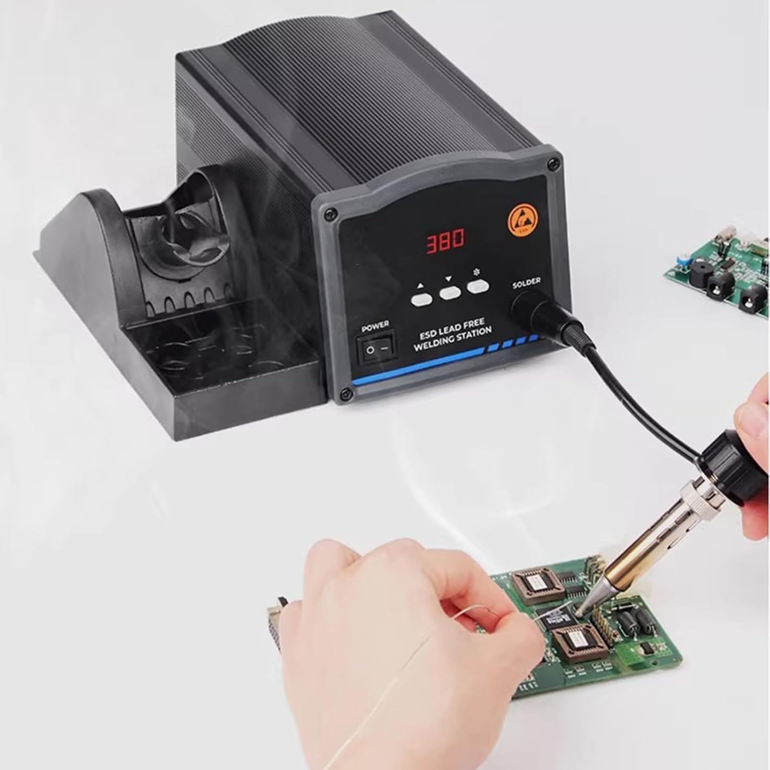 Zestaw lutowniczy na gorące powietrze 90 W z wyświetlaczem LCD, regulowana temperatura 200℃ ~ 420°C, idealny do naprawy i naprawy SMD, zawiera kabel uchwytu 105 cm
