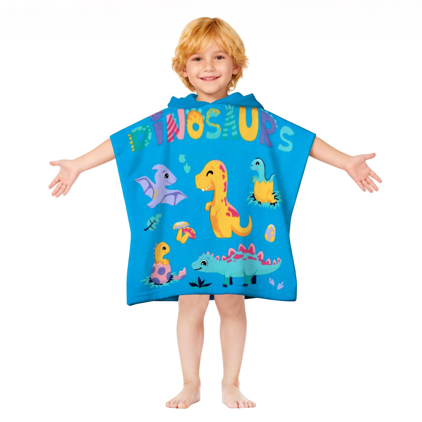growell Hooded Kids Beach Towels - Toddler Bath Towel Girls Boys Swim Cover-ups for Ages 1 to 6 Kids Pool Towels Quick Dry Lightweight Soft Microfiber Poncho Towel 24x23 (Dinosaur Sky Blue)