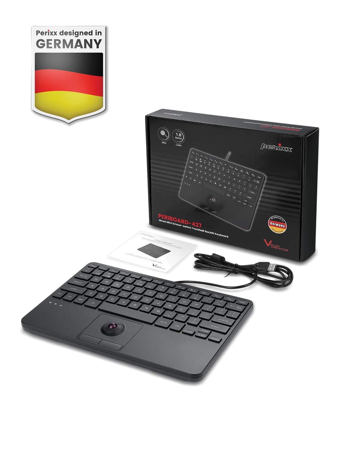 Perixx PERIBOARD-427 US, przewodowa podświetlana klawiatura USB z kulką trackball - funkcja White and Red Backlit - Compact 11.18x7.17x1.1 inch Dimension - wbudowana w 2 koncentratory USB - US English
