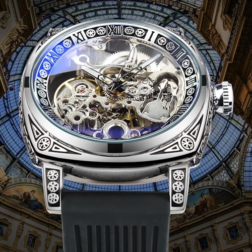 Image of FORSINING Fancy Watches for Men, Square Retro Mechanical Watch Self-Wind Carved, Gear Movement Golden Skeleton Automatic Watches Vintage Leather Strap Wrist Watch