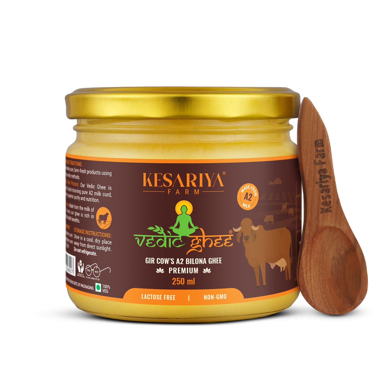 Premium A2 Gir Cow Cultured Desi Ghee from Kesariya Farm | Vedic Bilona Two Way Churned | Indian Gir Cow Ghee, Pure A2 Ghee, Natural & Healthy, Non-GMO | Lab Certified (250ml)