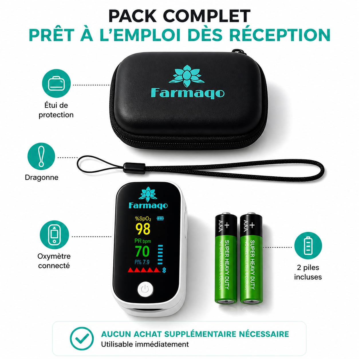 FARMAQO Oxymètre de doigt Saturomètre professionnel médical SPO2 BPM fréquence cardiaque Ecran OLED Bluetooth