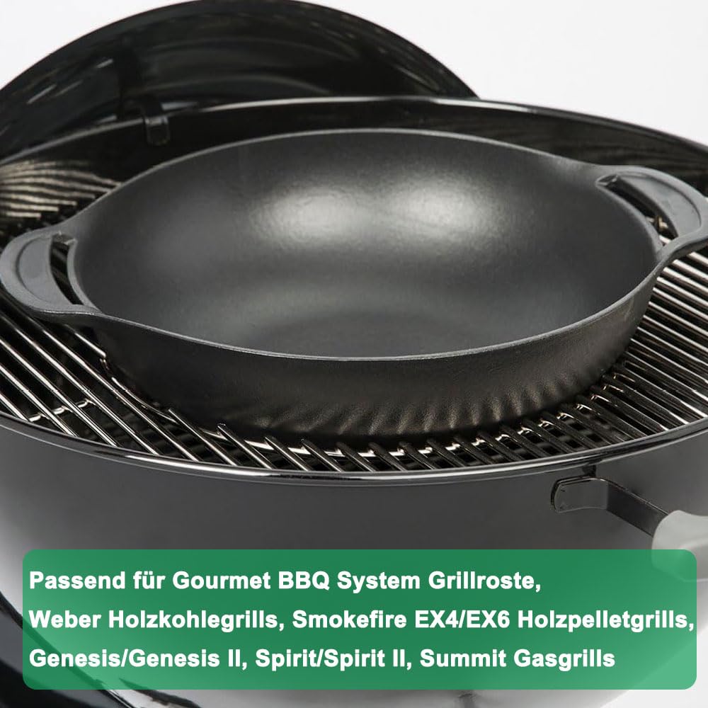 WELL GRILL Gusseisen Wok für Gasgrill Weber Gourmet BBQ System und Weber 57cm Holzkohlegrill, Wokpfanne Hähnchenbräter für Saftige Grillhähnchen BBQ Zubehör