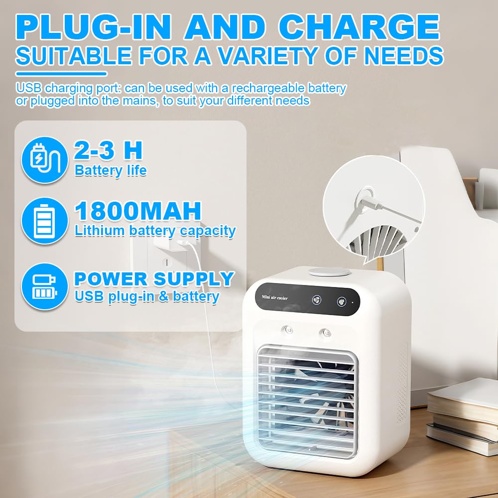 Tragbare Klimaanlage, SGZIOO Mini Luftkühler, Mini Tragbarer Kühler, Klimageräte 500ml Wassertank, Kühlnebel, 4 in 1 Raumkühler, Kühlventilator für Zuhause, Schlafzimmer, Büro und Reisen