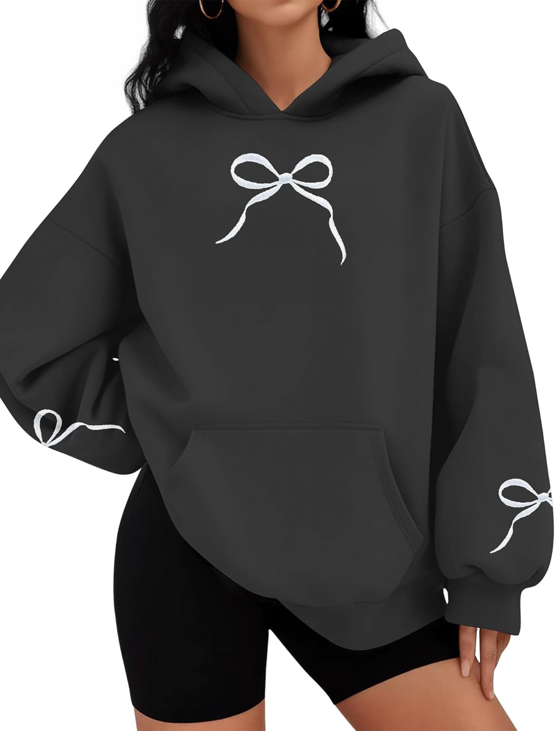 MAXIMGR Oversized Bow Hoodie Cute Clean Girl Embroidered Sweatshirts Coquette Preppy Sweater Y2k Pullover Top Teen Girls