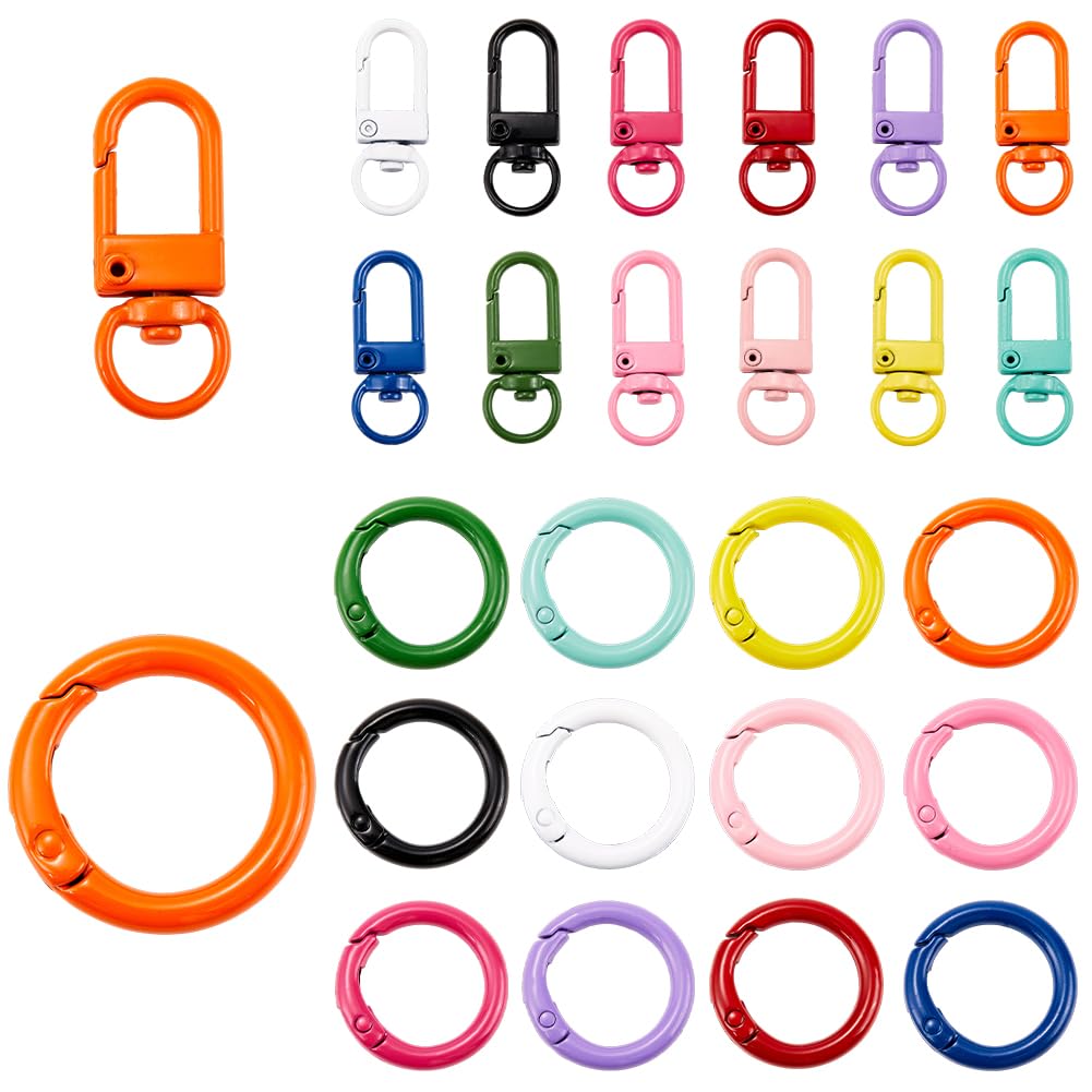 SOFPLATE 1 Box 48Pcs Swivel Keychain Hooks Round Spring O Rings Trigger Colorful Alloy Key Chain Snap Hook Clasps Heavy Duty Metal Keyring Clasp Clip