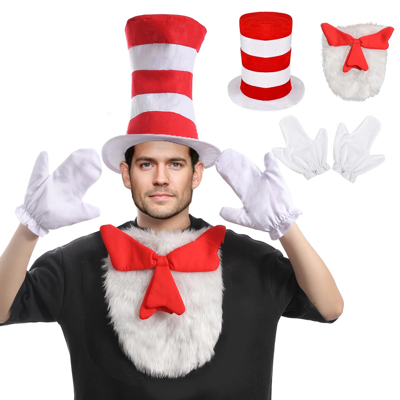 nezababy Cat Hat Costume Adult Red White Striped Top Hats Furry Bowtie Gloves World Book Day Halloween Party Cosplay Accessaries
