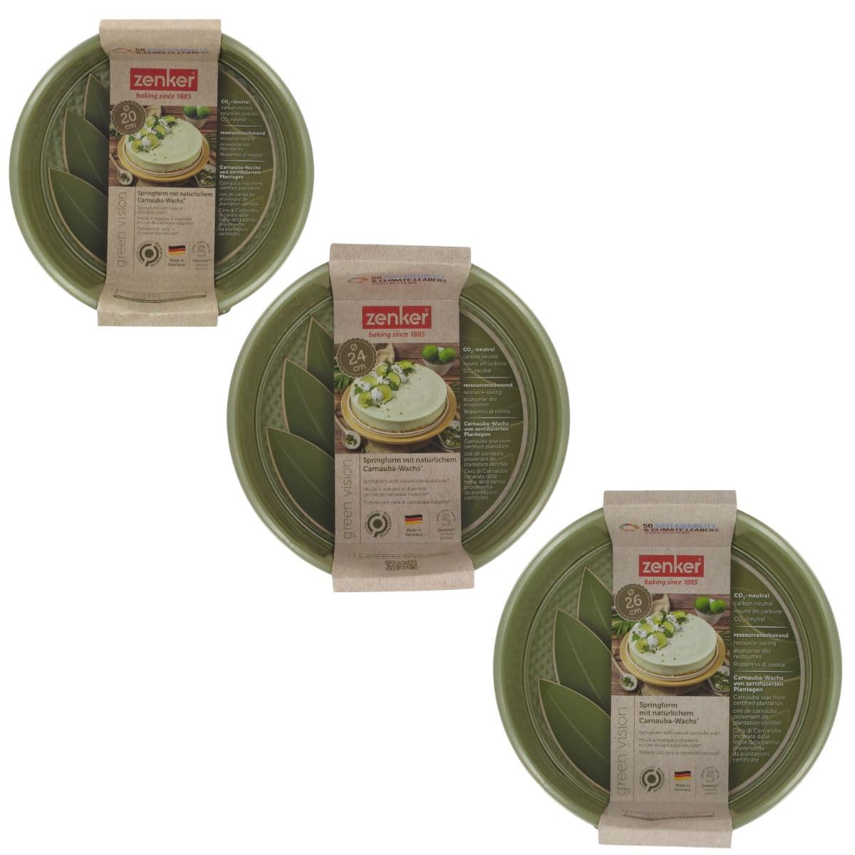 Zenker 9980950 Set 3 Springformen, Green Vision, Springform, rund, grün, umweltfreundlich, antihaftbeschichtet, ILAG, Carnaubawachs, Durchmesser 20 cm + 24 cm + 26 cm