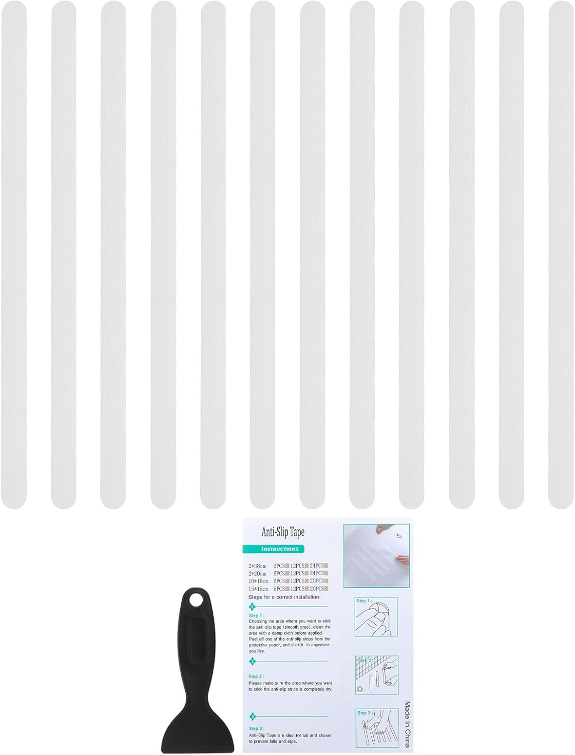 PATIKIL Bathtub Non Slip Stickers 14.96x0.79 Inch, 12 Pack Safety Shower Floor Anti Slip Stickers with Adhesive Decals Scraper for Bath Tub Shower Floor Stair, Clear