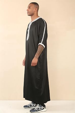Men's Black Moroccan Thobe Short Sleeve Gandoura Grey Embroidery Kaftan Jubba