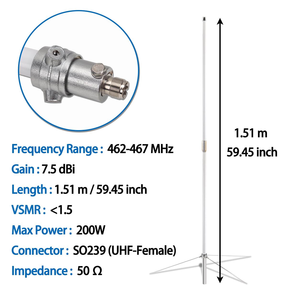 GMRS Antena base 462-467MHz, 7.2dBi de fibra de vidrio de alta ganancia GMRS UHF-Fhembra, conector SO239, antena compatible con radioaficionado móvil GMRS