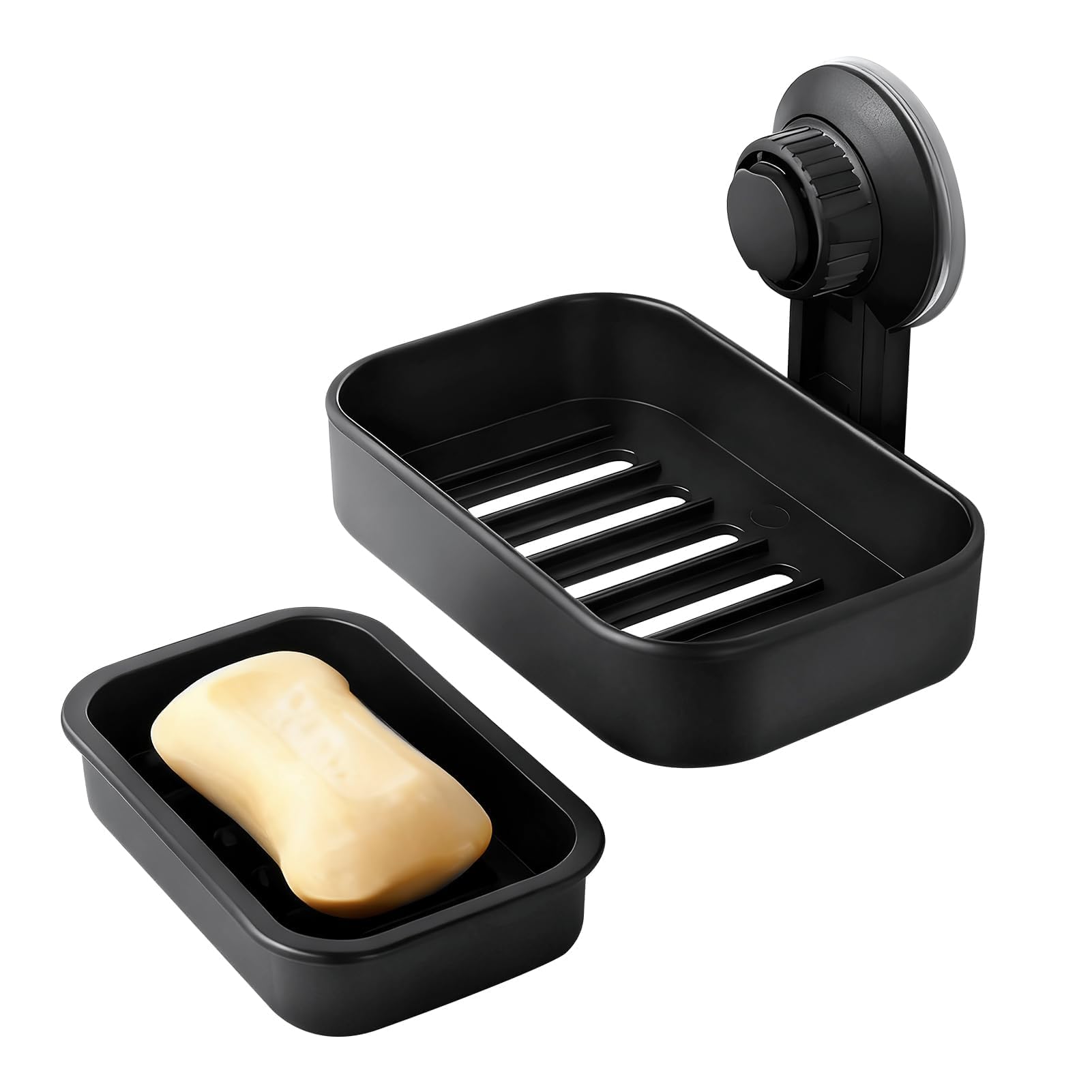 Soap Dish for Bathroom Suction Cup Soap Holder Max Hold 5KG Wall Mounted Soaps Case with Drainage Plastic Soap Bar Box Removable Draining Soaps Dishes No Drill and Glue for Bathtub Kitchen Sink, Black