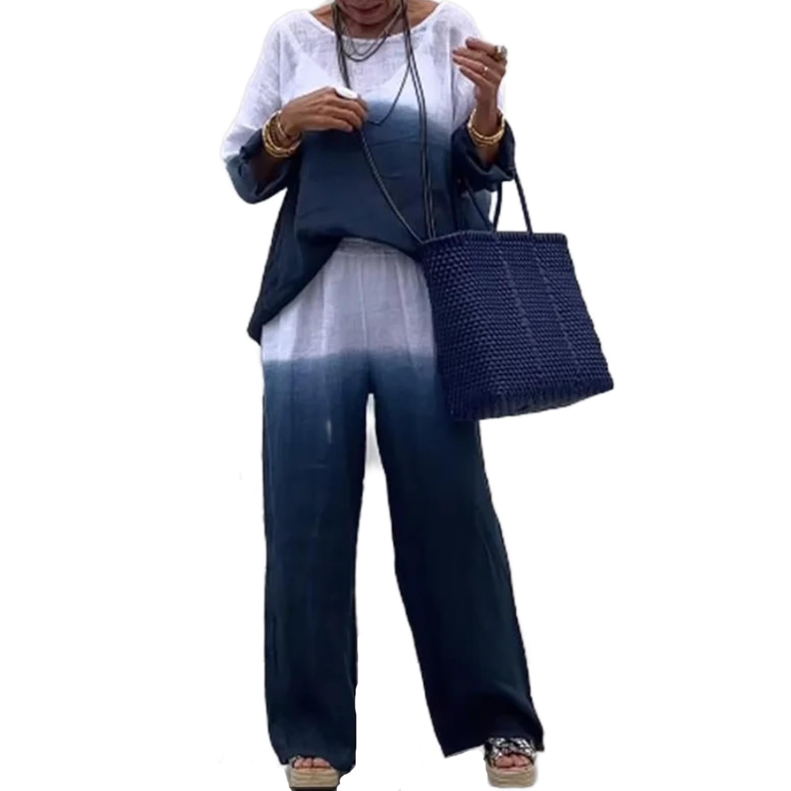 Set da donna casual e confortevole sfumato due pezzi Abiti estivi in lino per le donne Gamba larga Set di pantaloni a palazzo