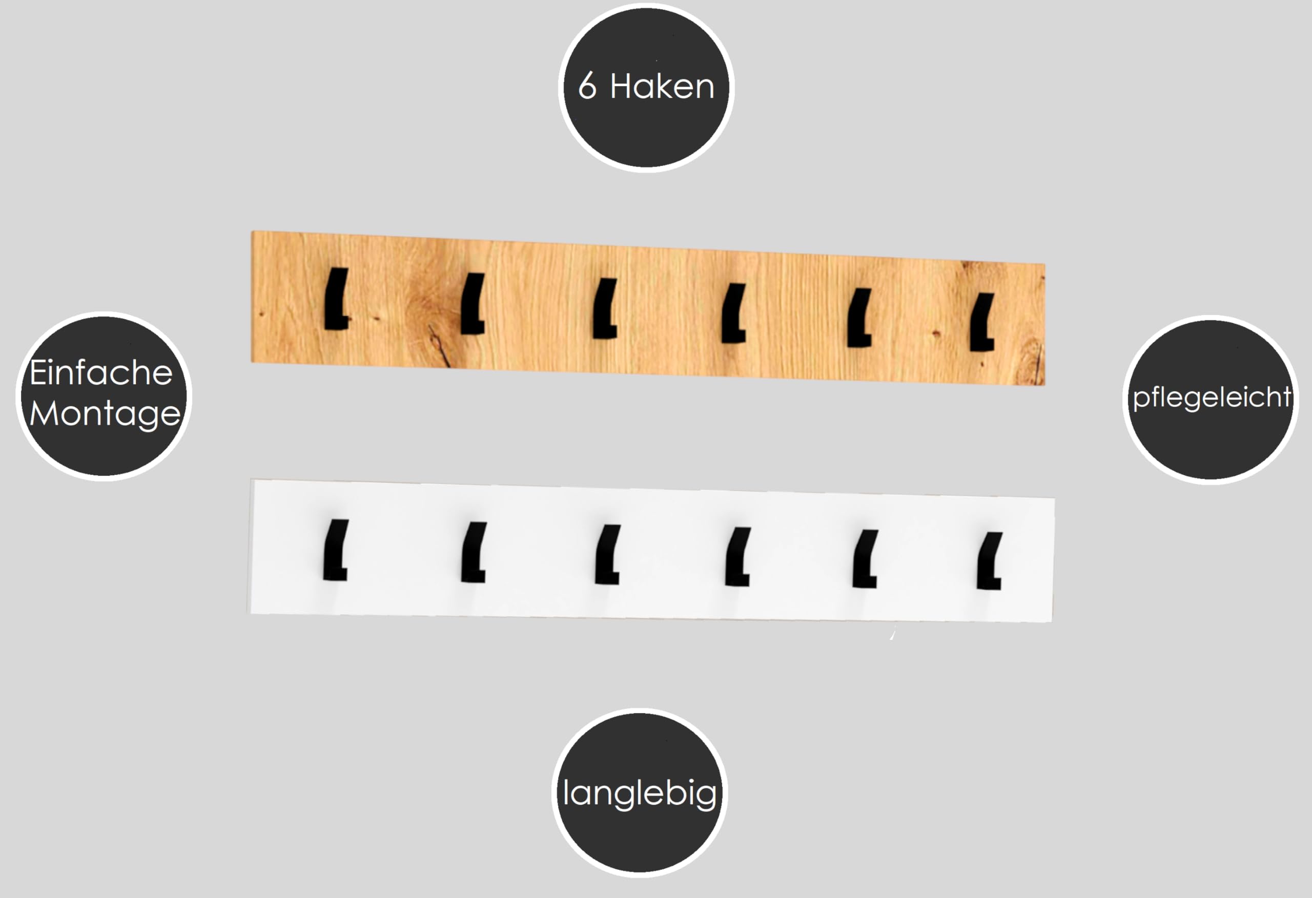 Design Garderobenpaneel HHA-100 Eiche Artisan/Schwarz mit 6 Kleiderhaken 100 x 15 cm Wandgarderobe Garderobe Hakenpaneel Hakenleiste Wandhaken Garderobenleiste Aufhängung für Jacken