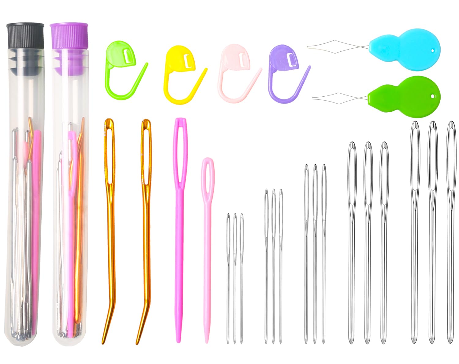 Hekisn 45Pcs Large Eye Blunt Yarn Needles Kit, Assorted Sizes Bent Tapestry Darning Needle, Sewing With Threaders &amp; Stitch Markers for Knitting Crochet (Purple&amp;Black)