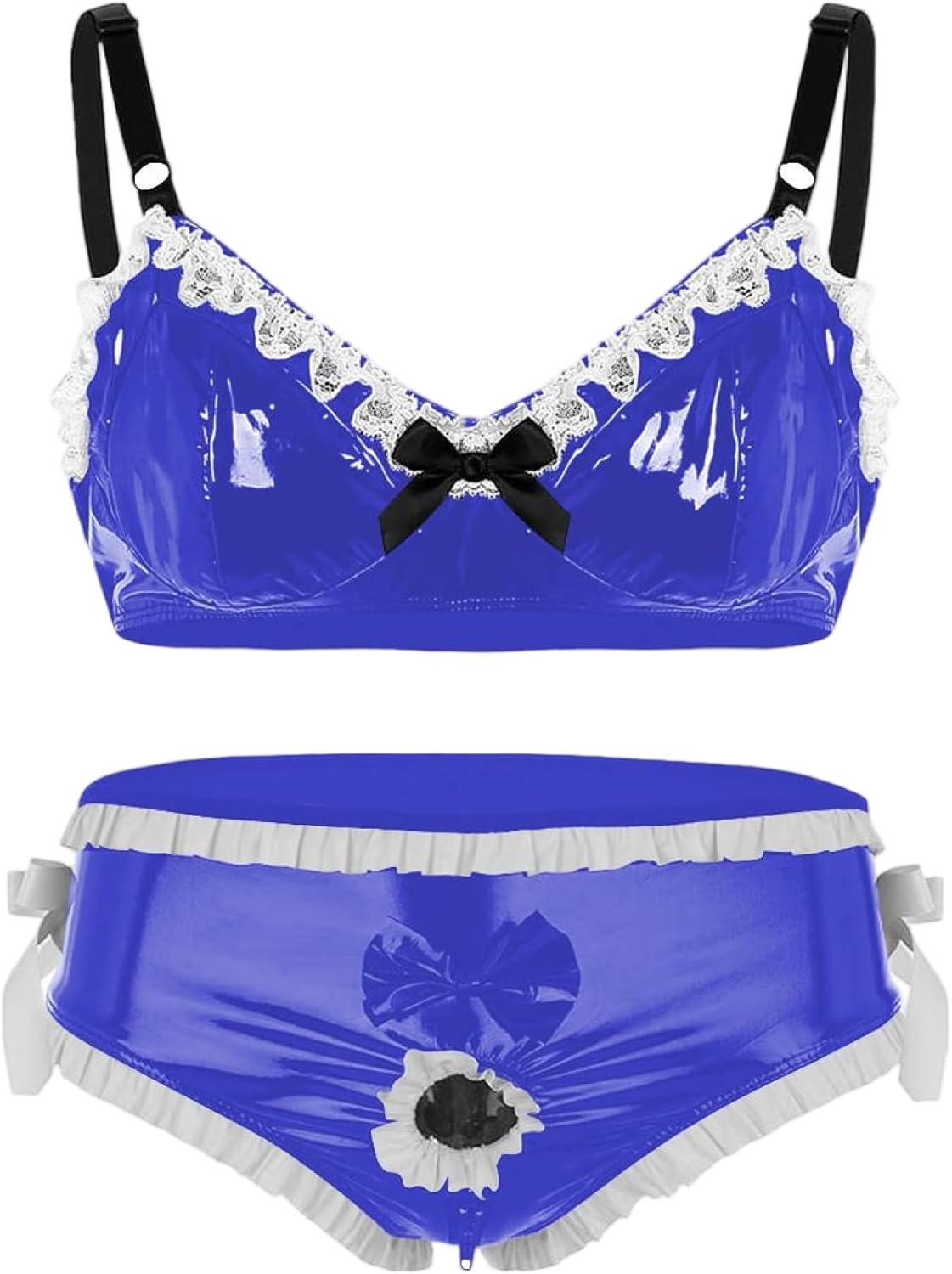 Men's Wet Look PVC Leather Lingerie Set Lace Ruffles With Zipper Open Crotch Panties PU Leather Underwear