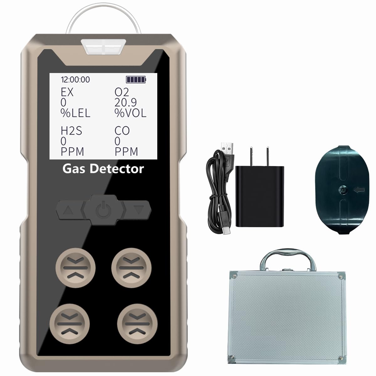 Aluminum Alloy Portable 4 Gas Detector, 4 in 1 Multi Gas Monitor Tester,H2S,O2,CO and EX Rechargeable LCD Display Gas Sniffer Alarm,Gas Clip Sound Light Shock Alarm (Grey)