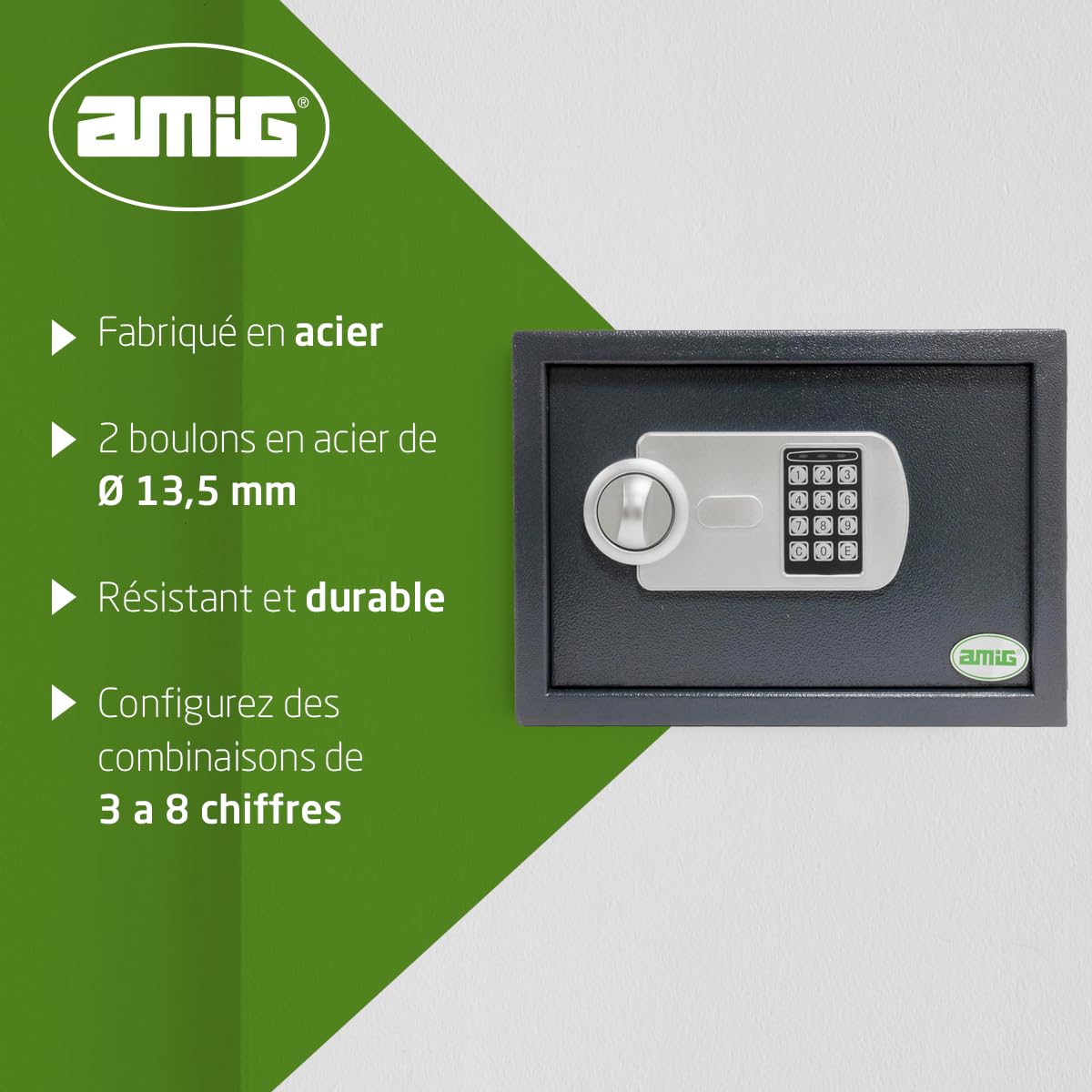 Amig Cassaforte con apertura con tastiera, con chiave di sicurezza di emergenza e pomello, Sistema anti-appannamento e anti-umping, Cassetta di sicurezza per conservare denaro o oggetti di
