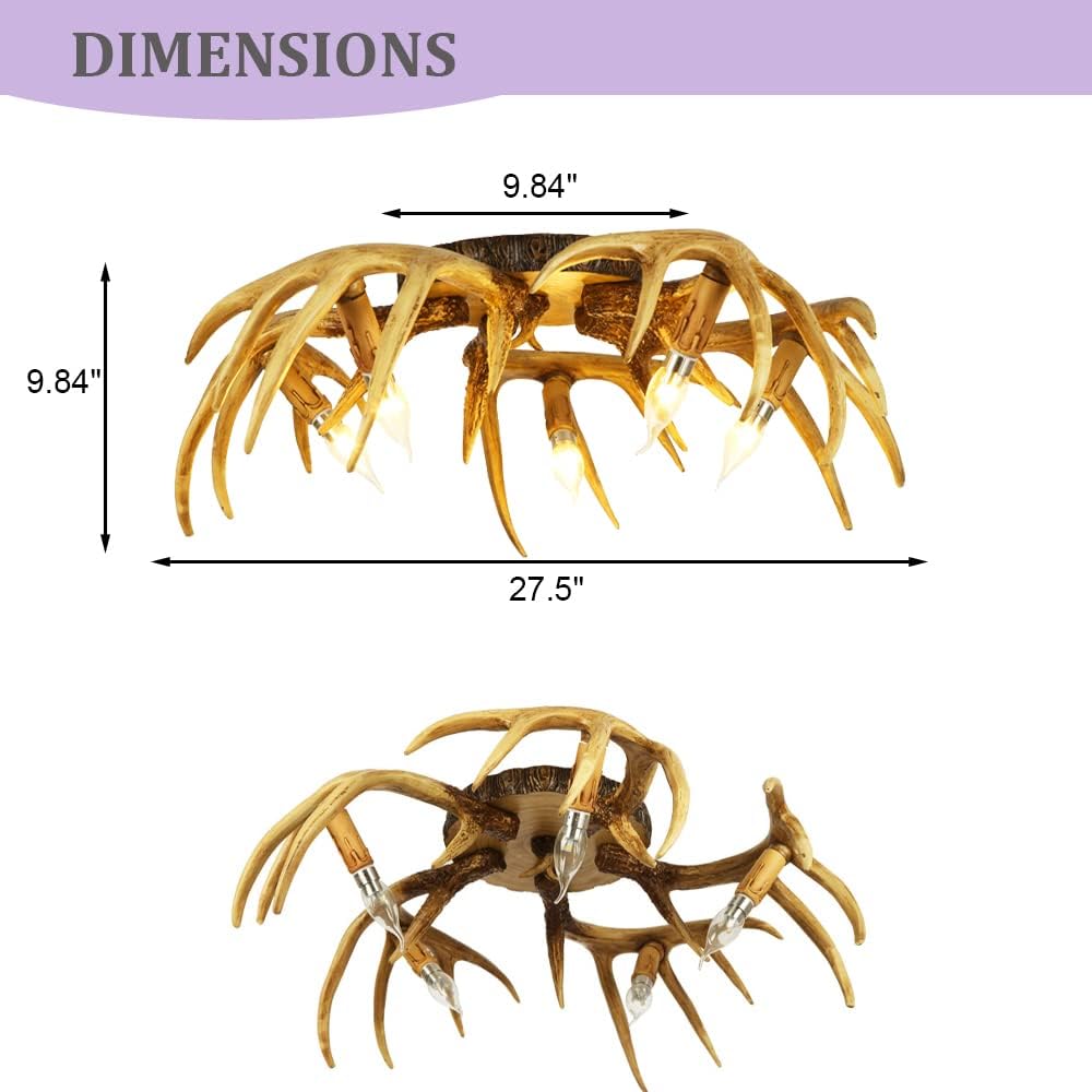 Meefad Rustic Antler Ceiling Light - Farmhouse Flush Mount, 5-Light Antler Chandelier for Dining & Living Room