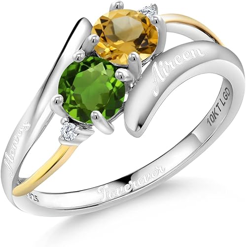 Anillo de plata de ley 925 y oro amarillo de 10 quilates para mujer con piedras natales redondas de 2 piedras de nacimiento y diamantes blancos
