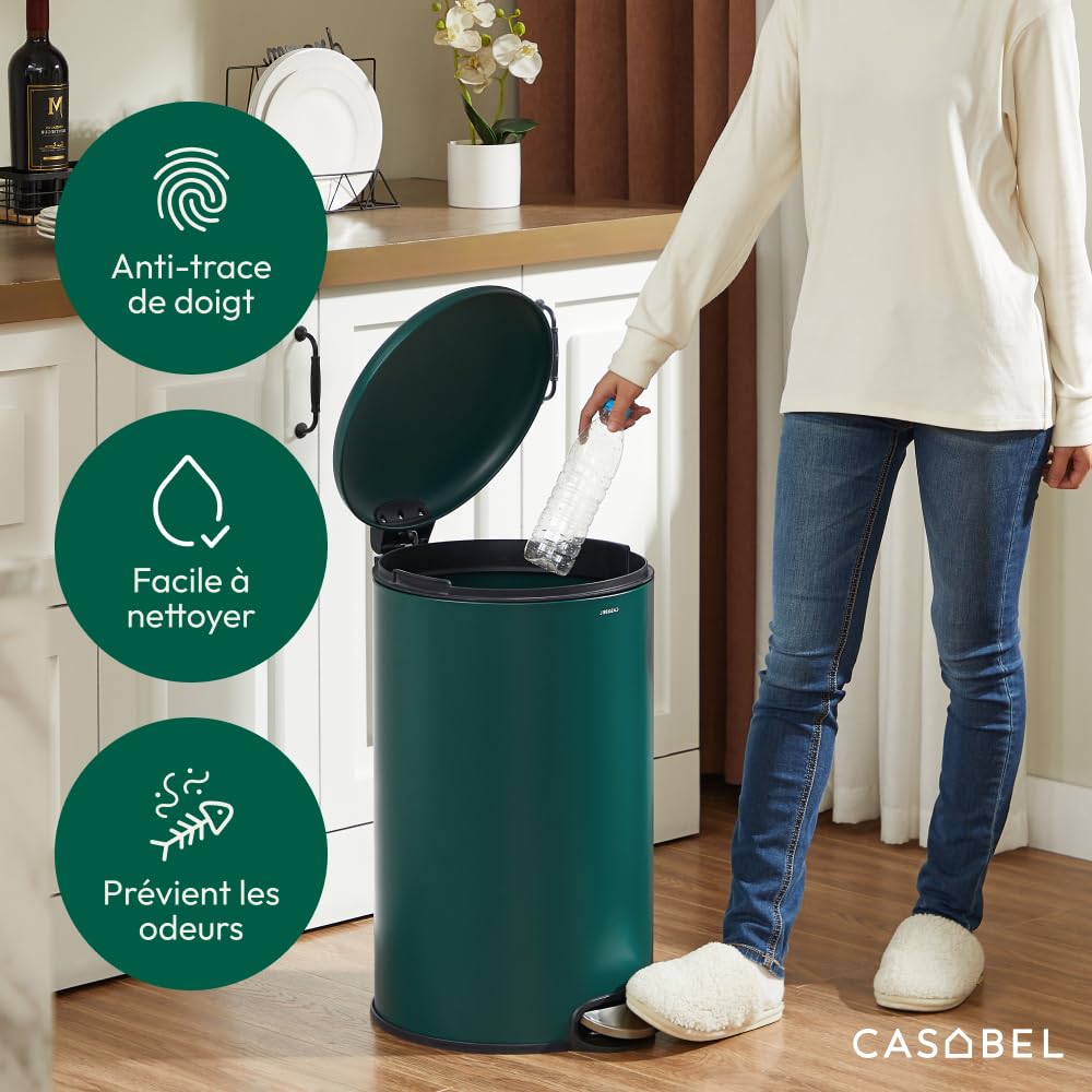 CASABEL Poubelle Cuisine Ronde 50L, Acier Inoxydable, Vert | Ouverture à pédale, Fermeture douce, Acier inox anti-traces, Anneau maintien du sac, Poignée de transport, Entretien facile