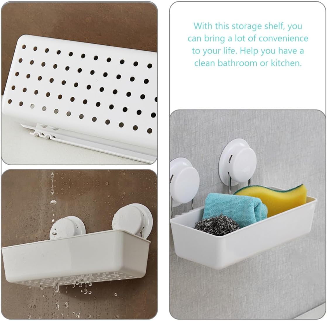 BESTYASH Suction Cup Draining Rack and Shower Room Organizer, White Wall Mounted Storage Holder with Powerful Suction Cups for Bathroom and Kitchen Accessories