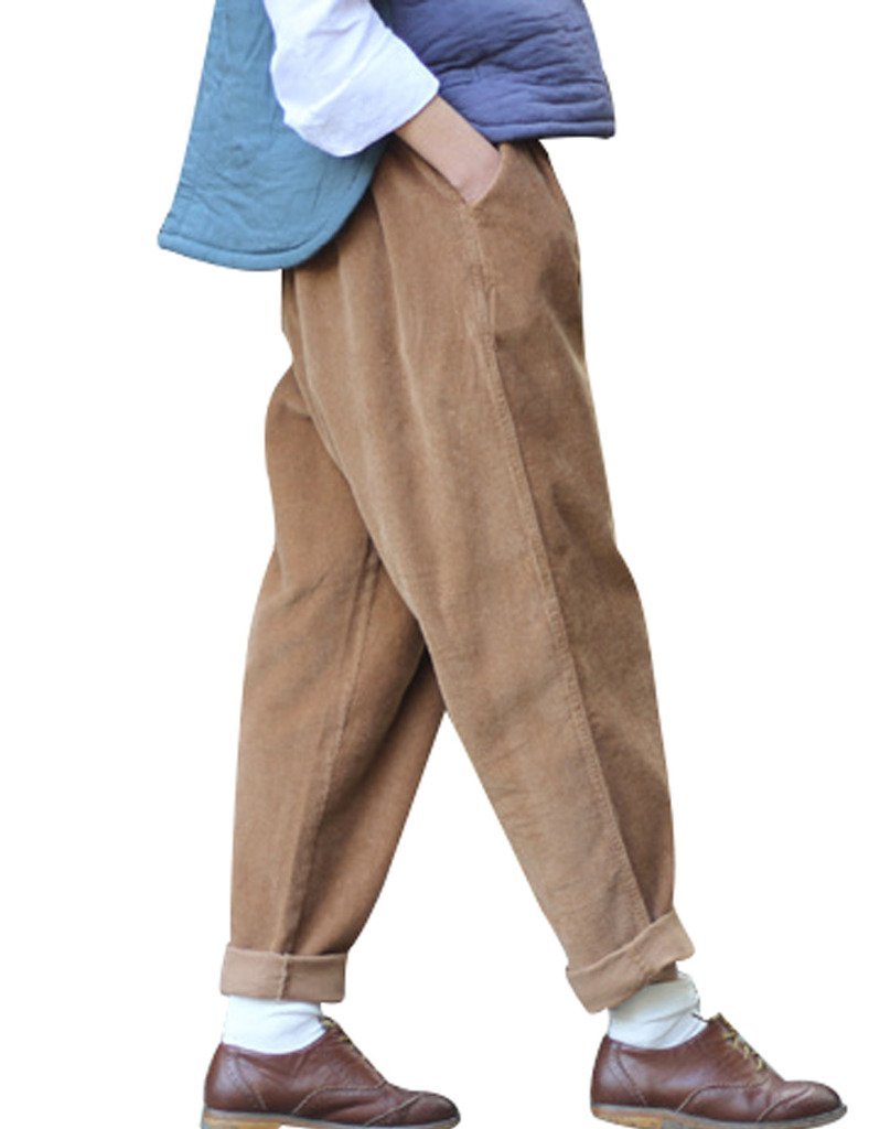 Youlee Women's Coffee Elastic Waist Corduroy Trouser With Pockets