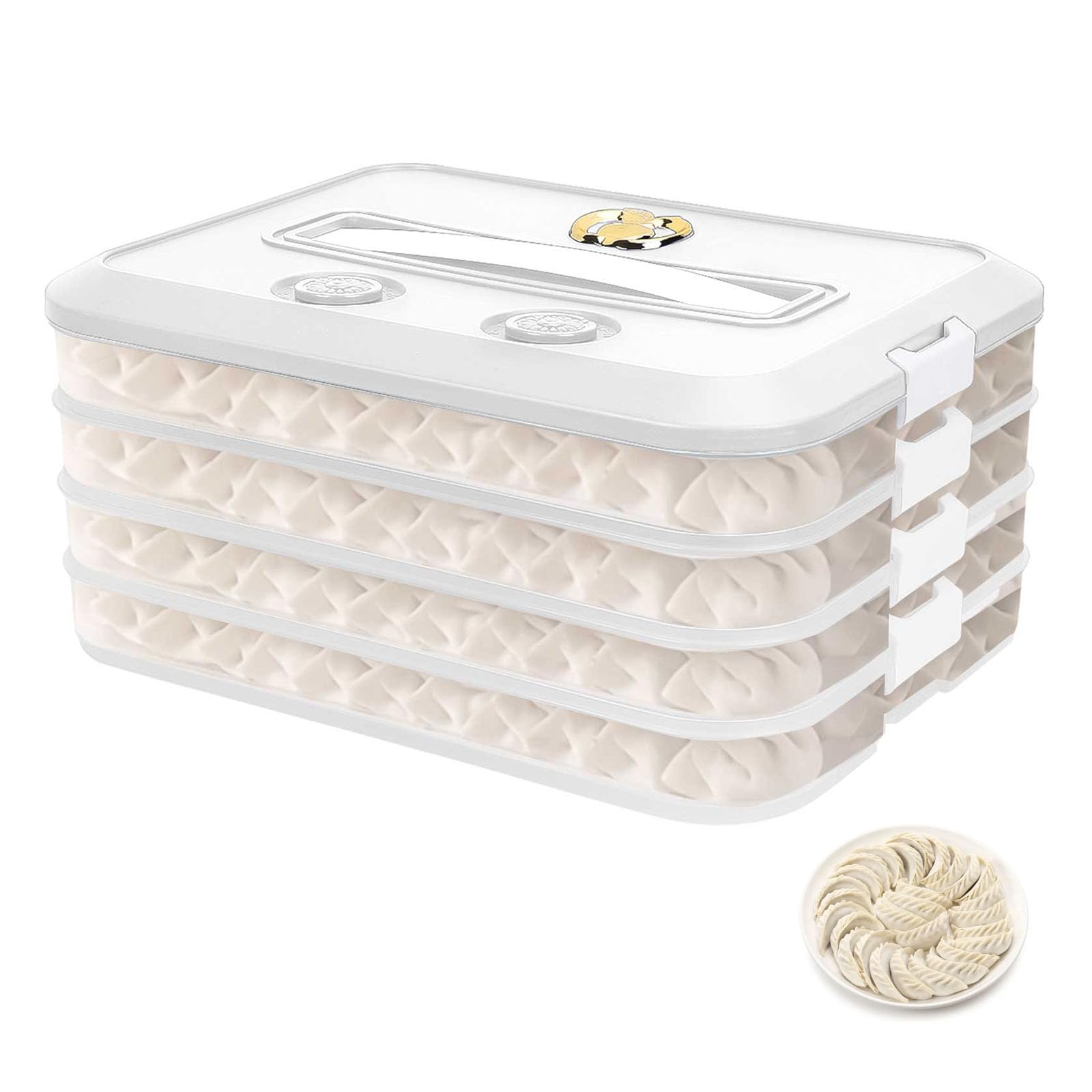 Yallmie 4 Layer Dumpling Organizer with Lid And Handle Freezer Storage Boxes, Cookie Storage Container with 2 Timer Fridge Food Organisers for Vegetable Meat Fish Food (White)