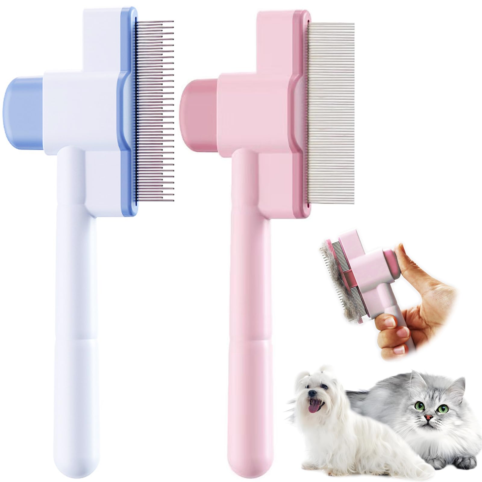 2pcs Cat Comb Set Flea Comb 2 Styles Pet Comb Self Cleaning Upgraded Cat Brush for Long Haired Cats &amp; Dogs