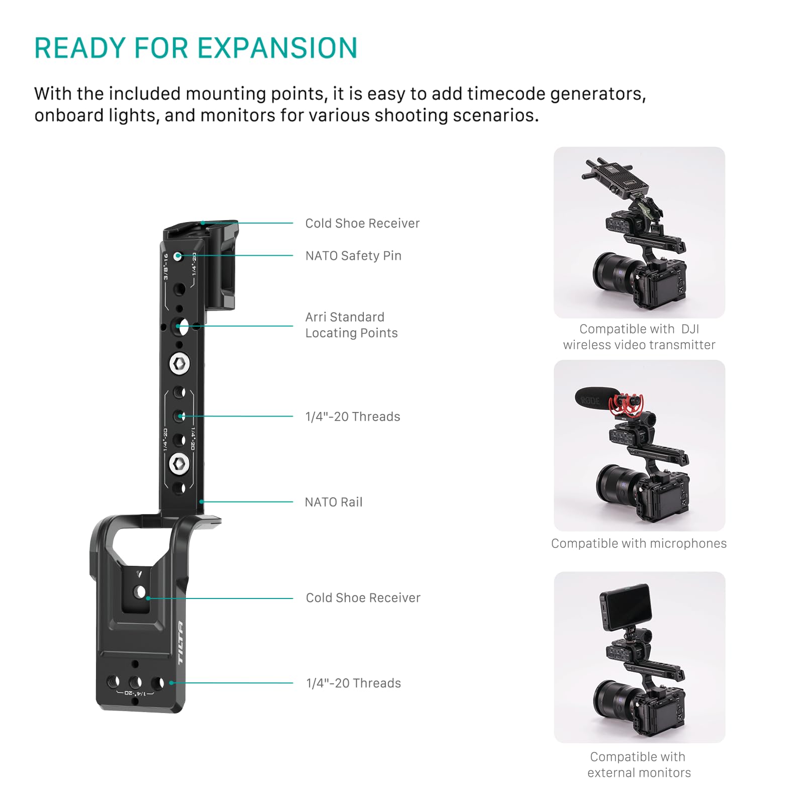 Tilta FX3 FX30 XLR Soporte de extensión de agarre compatible con Sony FX30 FX3, con rosca de 1/4 pulg-20 y 3/8 pulg-16, zapata fría, riel OTAN, ligero y duradero, Negro TA-T13-XLR-B