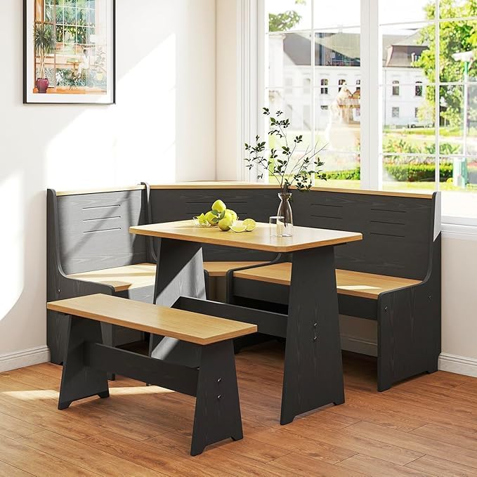 Breakfast Nook Corner Dining Table Kitchen Bench Chair Set, Space-Saving 3-5 People Seat Reversible L-Shape for Family Home Black Wood