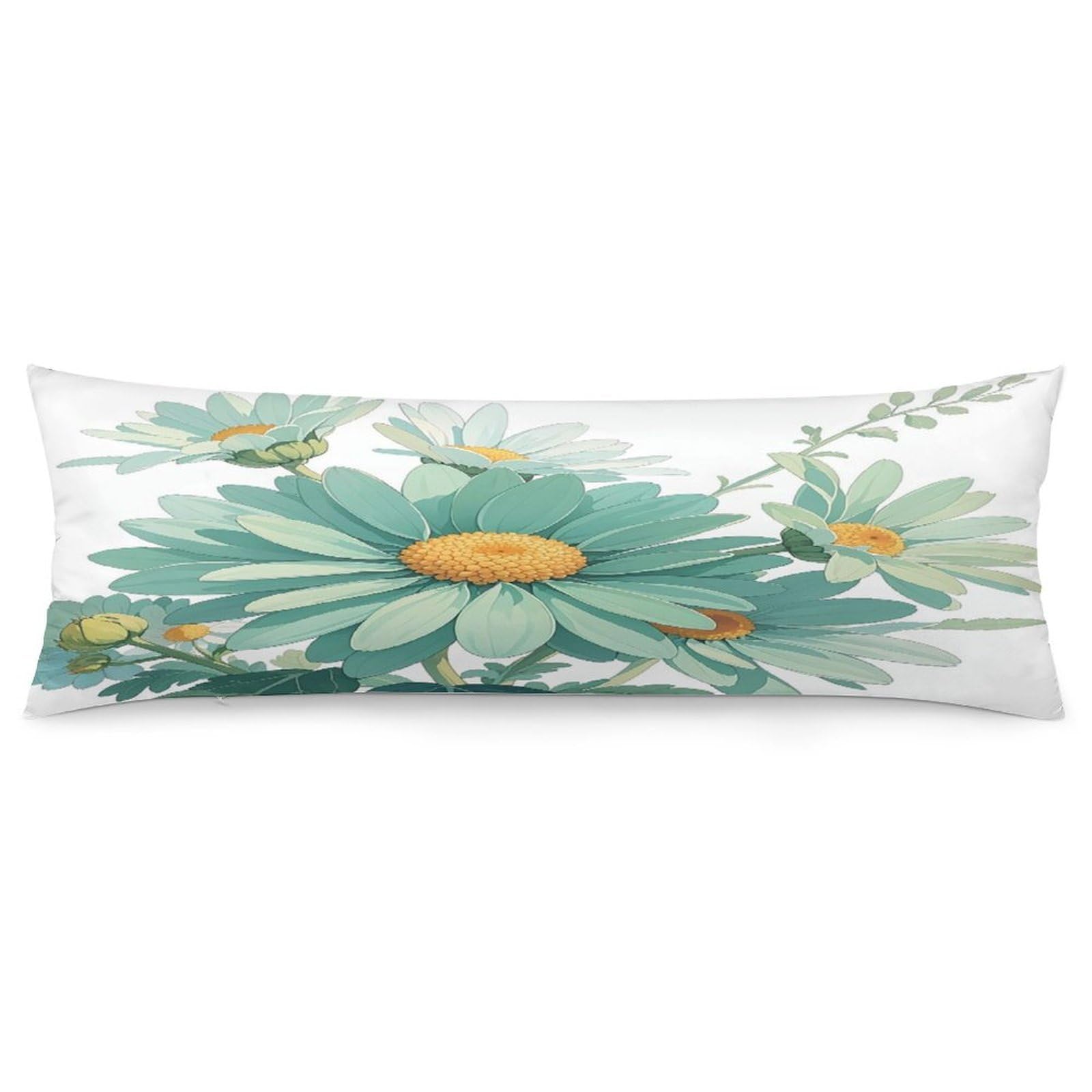 Mint Green Watercolor Daisy Pillowcase Decorative Body Pillow Cover Soft Full Long Pillow Case Breathable Large Body Pillowcase Cute Cozy Pillow Sham for Bed Couch Sofa 18.9 X 53 Inch