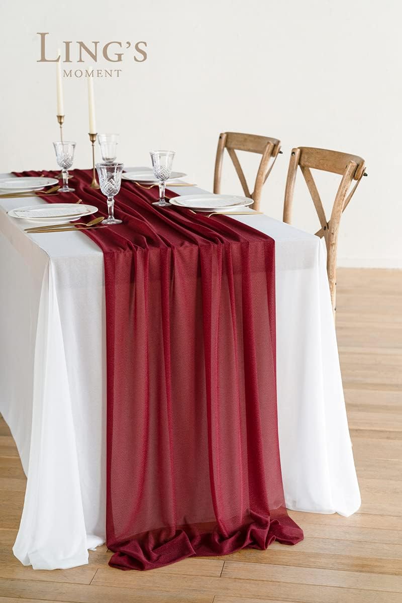 Ling's moment 10Ft Burgundy Sheer Chiffon Like Table Runner for Wedding Rustic Boho Wedding Party Bridal Shower Decorations Birthday Party