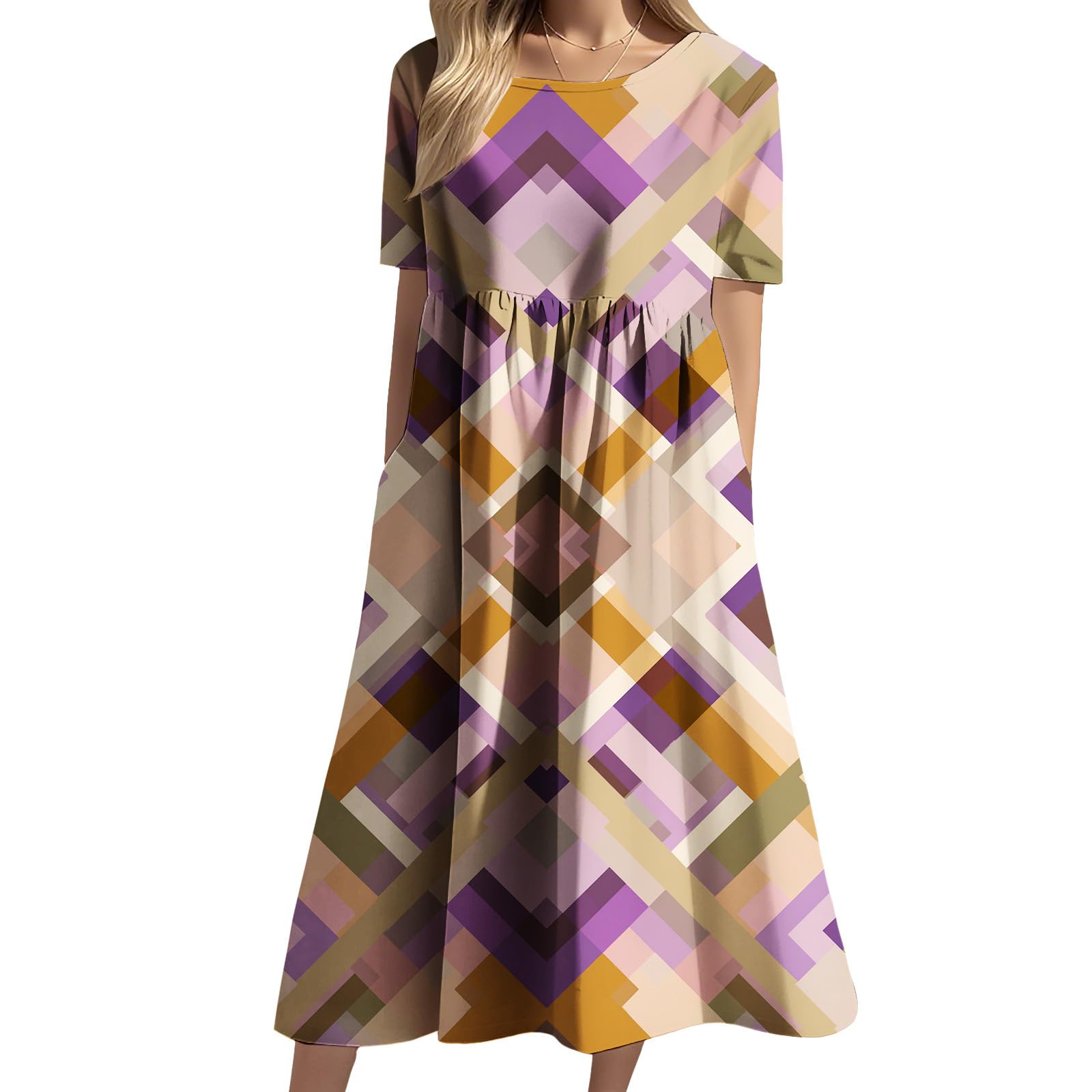 Womens Geometric Maxi Dress Abstract Crew Neck Short Sleeves Flowy Summer Beach Long Dress for Vacations