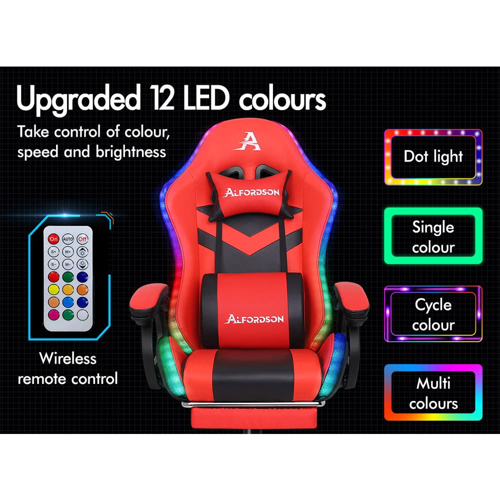 ALFORDSON Sedia da Gaming con LED, Sedia Gamer con Massaggio a 8 Punti, Sedia da gioco ergonomica con Illuminazione RGB con Supporto Lombare e Poggiatesta, Altezza Regolabile, Rosso