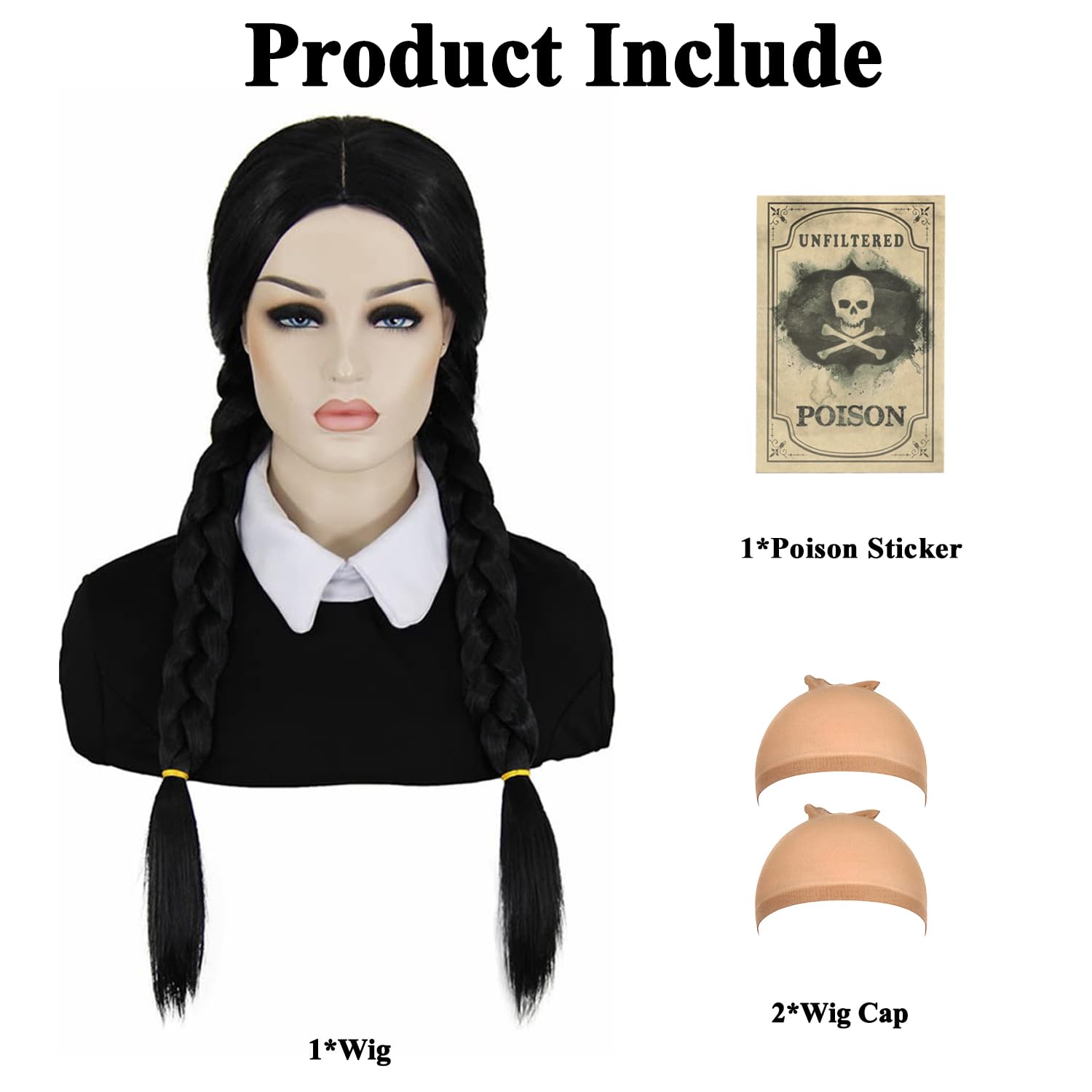 Peluca De Miércoles Addams Con Flequillo Y Trenzas Negras – Larga 60 Cm, De Fibra Sintética, Ideal Para Cosplay, Halloween Y Fiestas