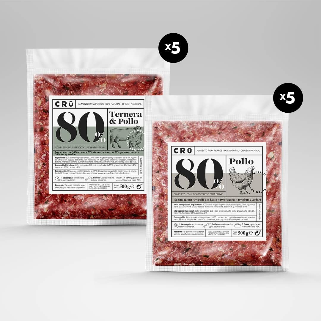 CRU - Comida Natural cruda monoproteica para Perros. Mený Barf. Congelado - Caja Personalizable de 10 Paquetes Variados de 500g (Pollo + Ternera&Pollo)