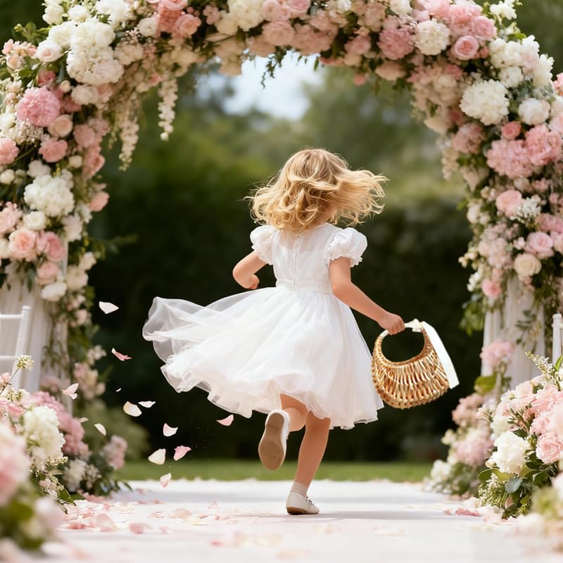 Wicker Flower Girl Basket 2pcs,Natural Flower Basket with Ribbon Bow for Wedding Flower Girl or Picnic (flower not include)
